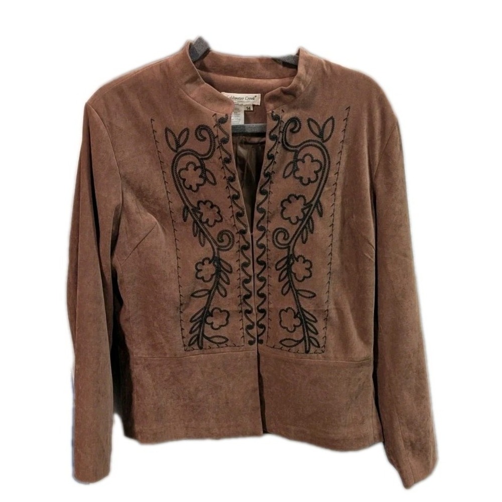 Coldwater Creek 14 Shacket Brown Faux Leather Suede Embroidered Equestrian Soft
